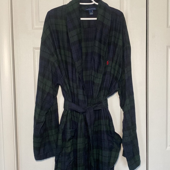 POLO RALPH LAUREN MENS LONG PLAID BLUE GREEN PRINTED ROBE COTTON SIZE XL - Picture 4 of 6